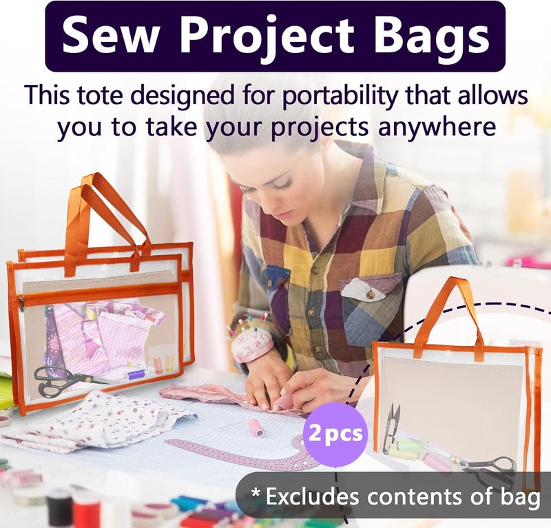 chaseroad 2 Pcs Portable Project Bags for Quilting Knitting, Stitching and Embroidery Projects Storage, Sew Project Bag with Zipper and Double Pockets, Transparent Mesh Sewing Project Bag for Crafter - Image 2